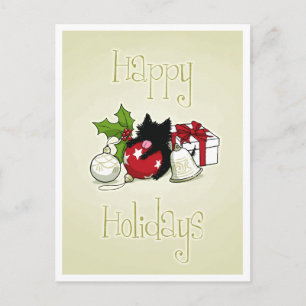 Decorations and Black Kitten (Happy Holidays) Holiday Postcard
