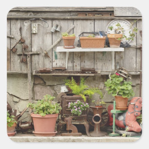 Decorations on wooden fence, Catalina Island, Square Sticker