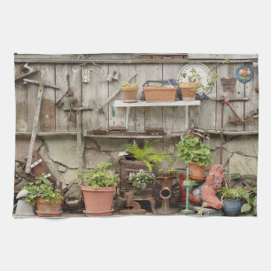 Decorations on wooden fence, Catalina Island, Tea Towel