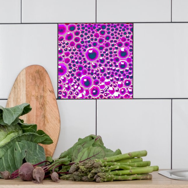 Decorative 4" tile gloss Bubble in magenta (Magenta bubble tile shown  with white tiles in a kitchen.)