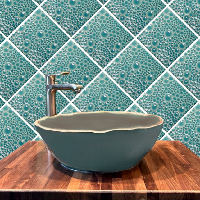 Decorative 4" tile with bubbles in turquoise gloss (Turquoise bubble tile in a bathroom.)