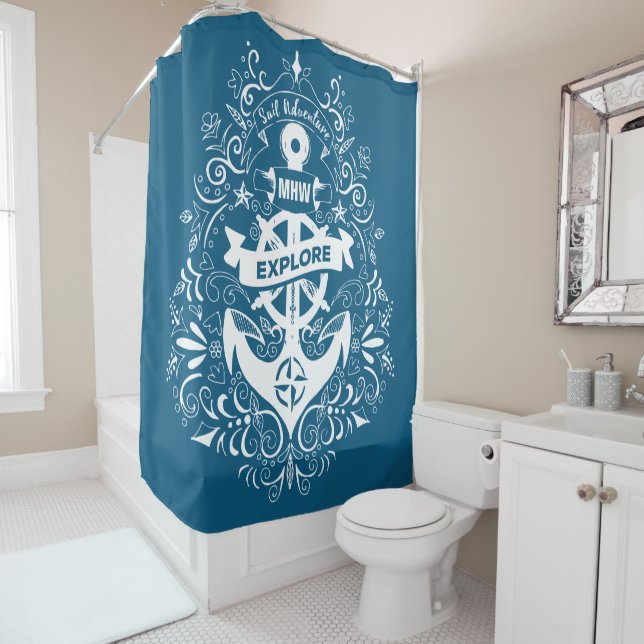 Decorative Anchor custom monogram shower curtain (In Situ)