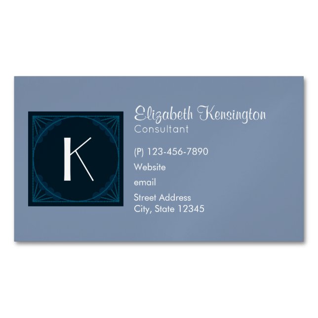 Decorative Art Deco Blue Square Monogram Magnetic Business Card (Front)