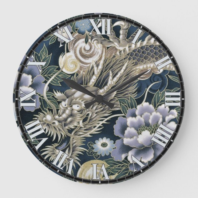 Decorative Asian Dragon Floral Pattern Wall Clock (Front)