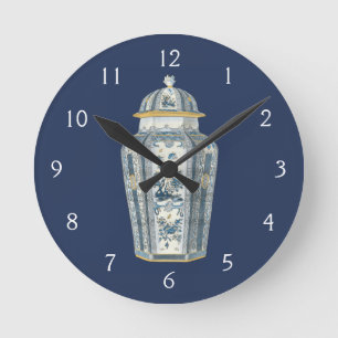 Decorative Asian Urn in Blue & White Round Clock