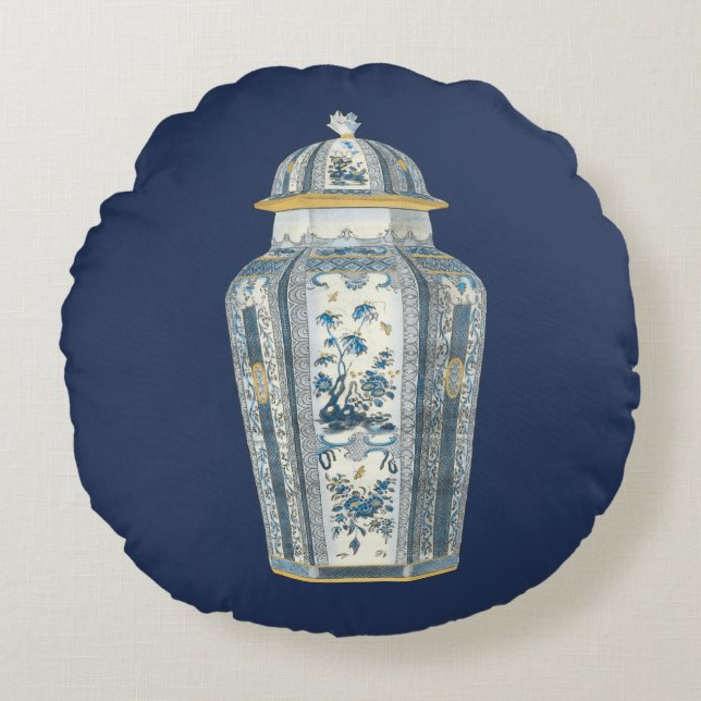Decorative Asian Urn in Blue & White Round Cushion (Front)