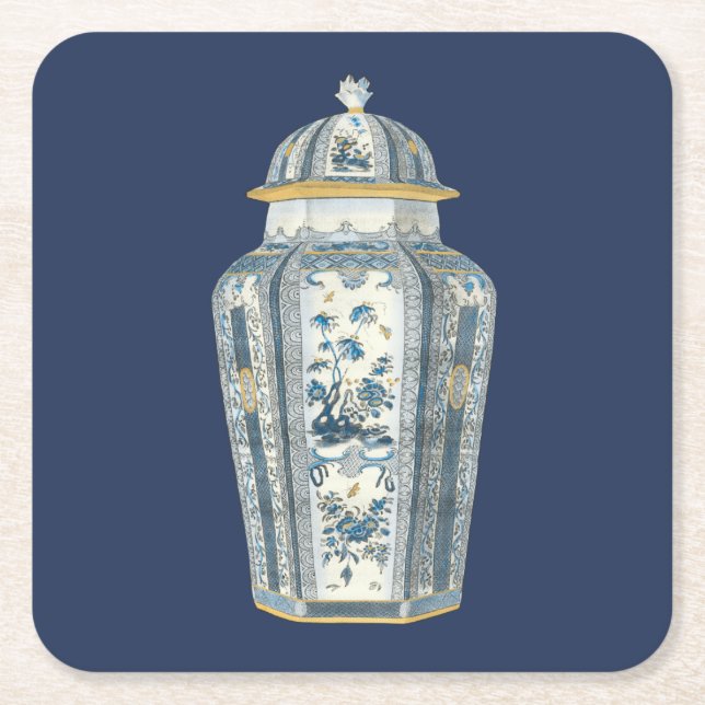 Decorative Asian Urn in Blue & White Square Paper Coaster (Front)