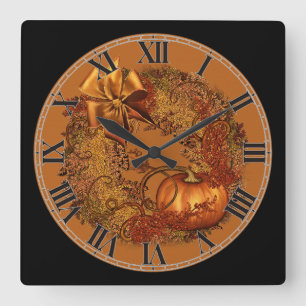 Decorative Autumn Pumpkin Wreath Square Wall Clock