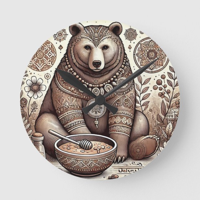 Decorative Bear Illustration Round Clock (Front)