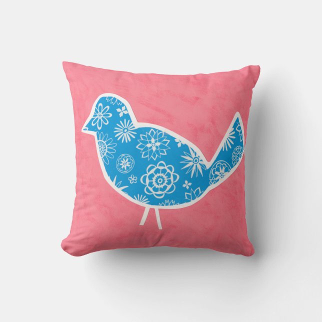 Decorative Bird with Patterns on Pink Background Cushion (Front)