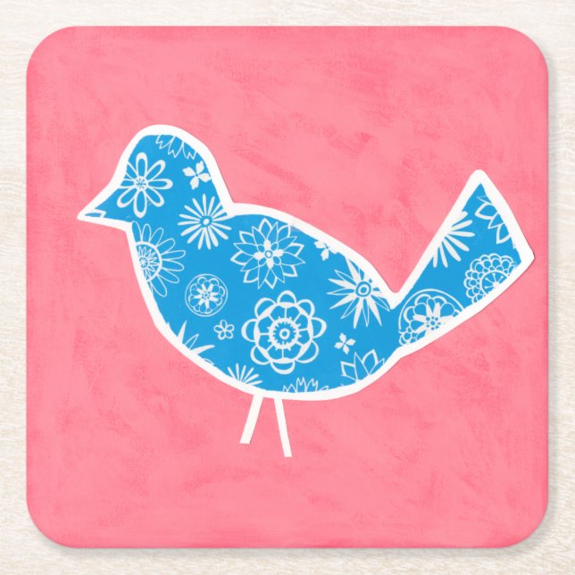 Decorative Bird with Patterns on Pink Background Square Paper Coaster (Front)