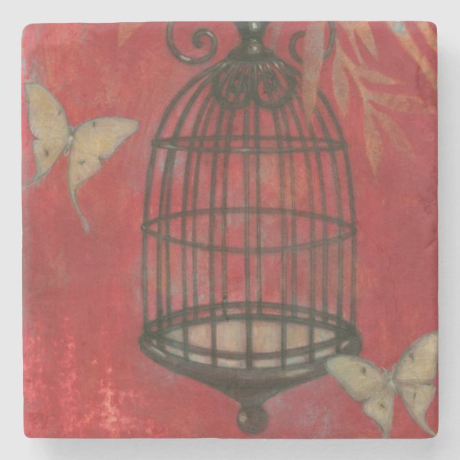 Decorative Birdcage with Butterflies Stone Coaster (Front)