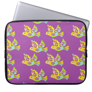 decorative birds on purple laptop sleeve