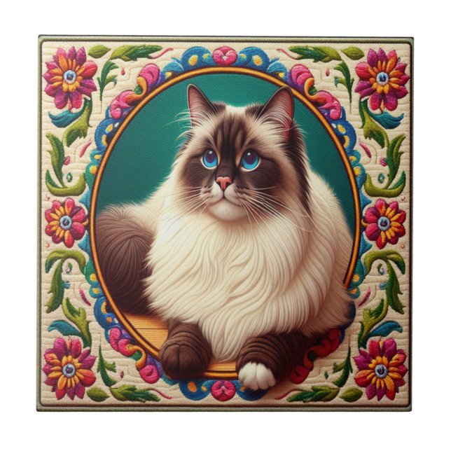 Decorative Birman Cat Colourful Flowers Border Ceramic Tile (Front)