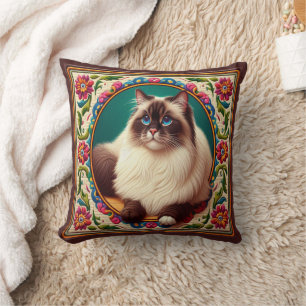 Decorative Birman Cat Colourful Flowers Border Cushion