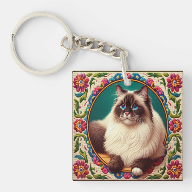 Decorative Birman Cat Colourful Flowers Border Key Ring (Front)