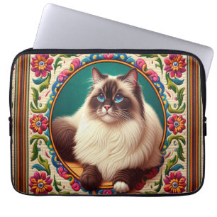 Decorative Birman Cat Colourful Flowers Border Laptop Sleeve