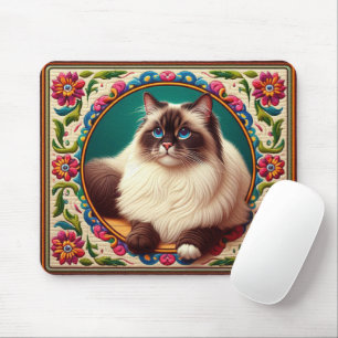 Decorative Birman Cat Colourful Flowers Border Mouse Pad