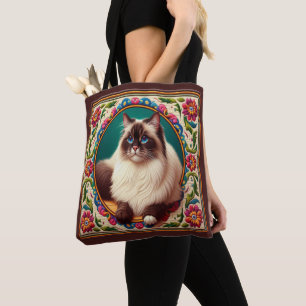 Decorative Birman Cat Colourful Flowers Border Tote Bag