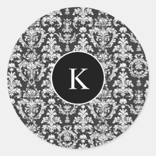 Decorative Black and White Damask Pattern Classic Round Sticker