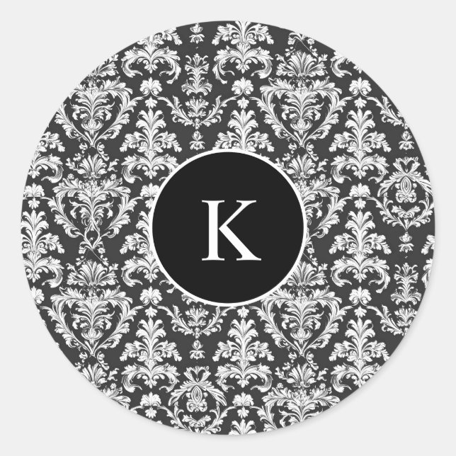 Decorative Black and White Damask Pattern Classic Round Sticker (Front)