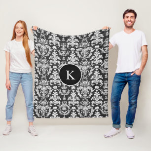 Decorative Black and White Damask Pattern Fleece Blanket