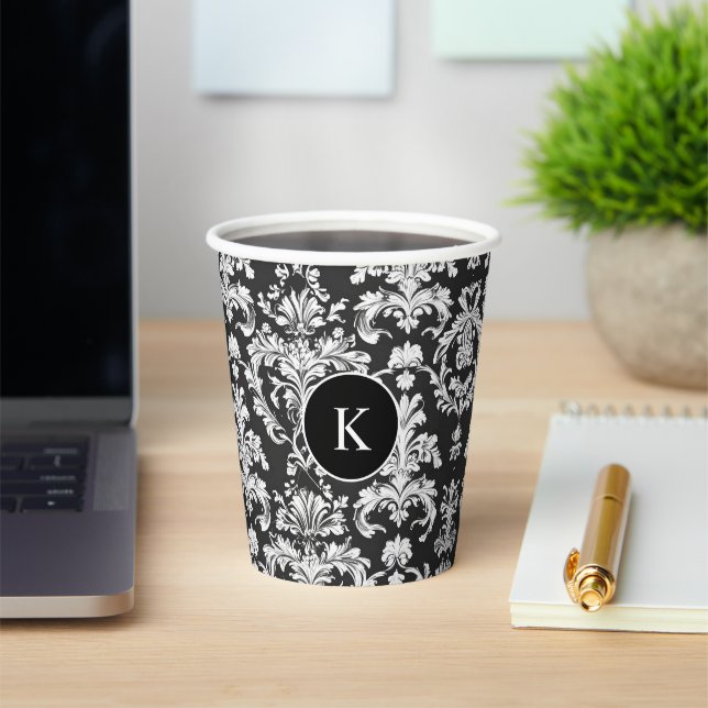 Decorative Black and White Damask Pattern Paper Cups (Insitu)