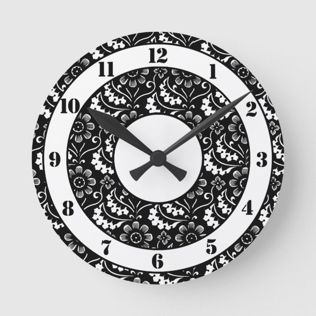 Decorative Black and White Floral Round Clock (Front)