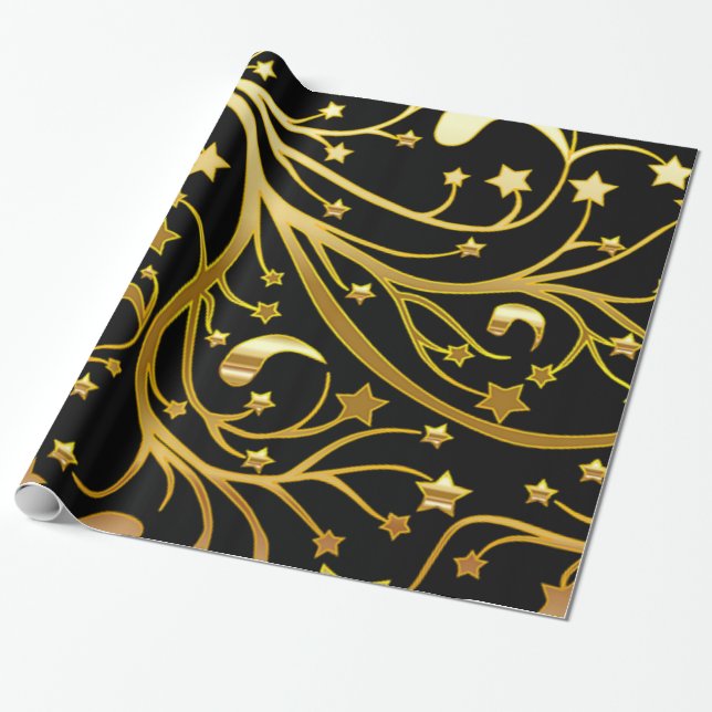 Decorative Black Gold Look Chic Christmas Stars Wrapping Paper (Unrolled)