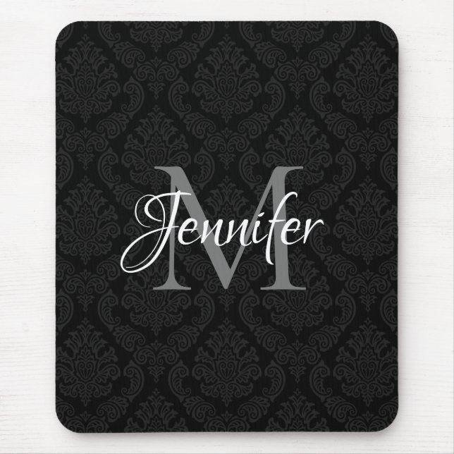 Decorative Black Grey and White Monogram Mouse Pad (Front)