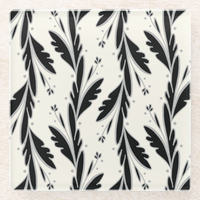 Decorative Black Vines Pattern Glass Coaster (Front)