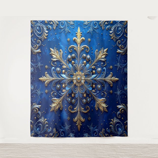 Decorative Blue Gold Holiday Backdrop Tapestry (Front)