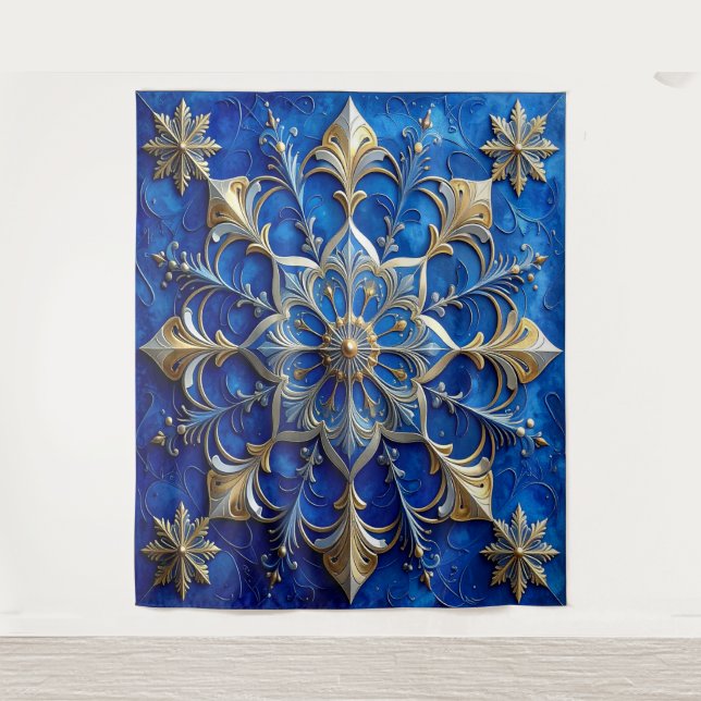 Decorative Blue Gold Holiday Backdrop Tapestry (Front)