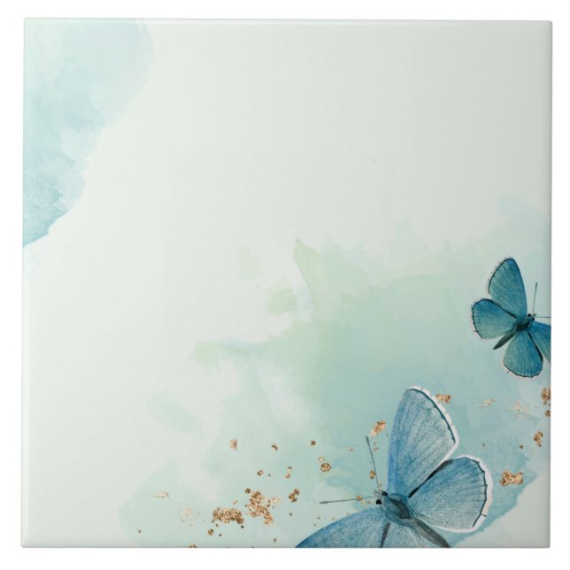 Decorative Blue Watercolor Butterflies Ceramic Tile (Front)