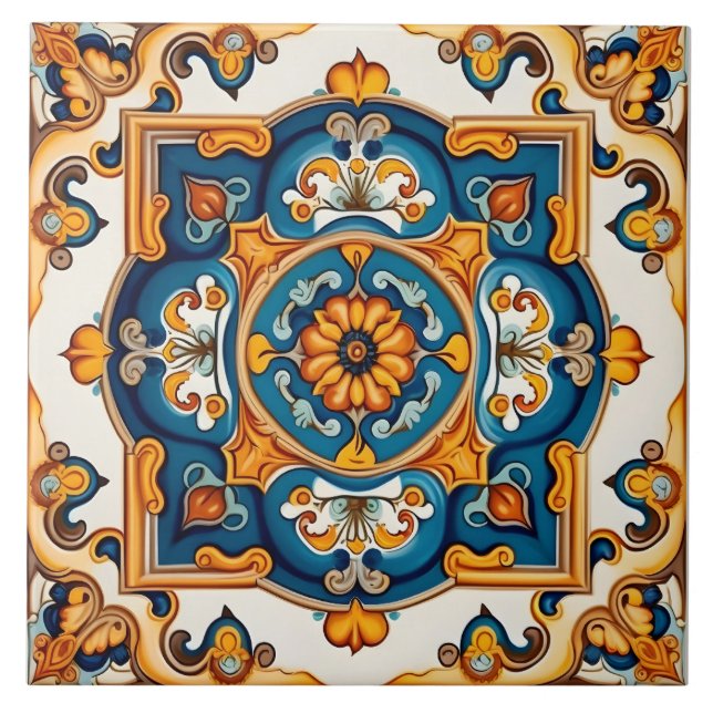 Decorative Blue Yellow Mediterranean Ceramic Tile (Front)