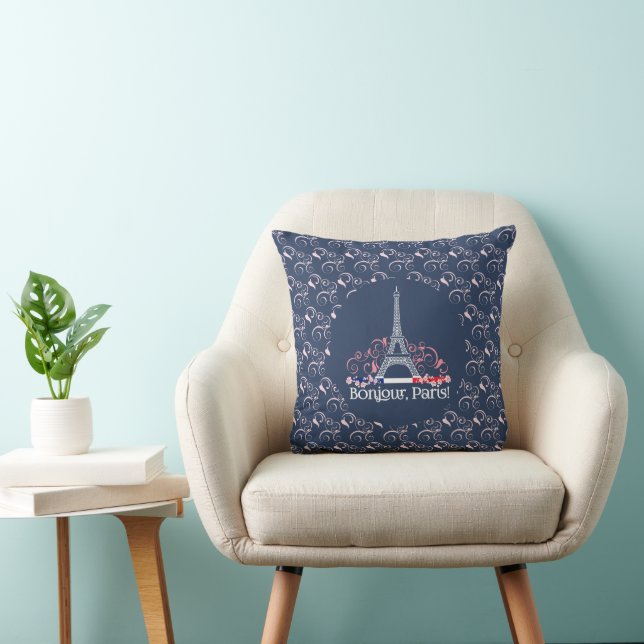 Decorative Bonjour Paris and Floral Pattern Cushion (Chair)