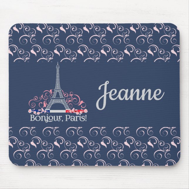 Decorative Bonjour Paris Personalised Name Mouse Pad (Front)