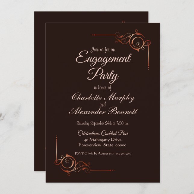 Decorative Border Chocolate Brown Engagement Party Invitation (Front/Back)