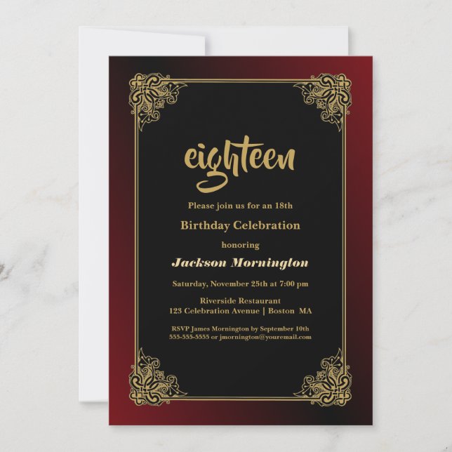 Decorative Border Red Black 18th Birthday Party Invitation (Front)