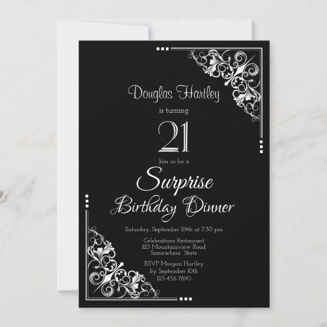 Decorative Border Surprise 21st Birthday Dinner Invitation (Front)
