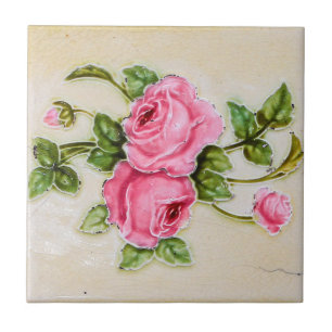 Decorative Bouquet Pink Roses Green Petals Kitchen Tile