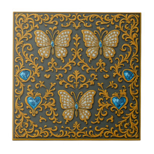 Decorative Butterfly Design in Gold and Blue Ceramic Tile