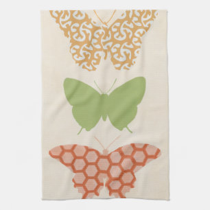 Decorative Butterfly Patterns on Cream Background Tea Towel