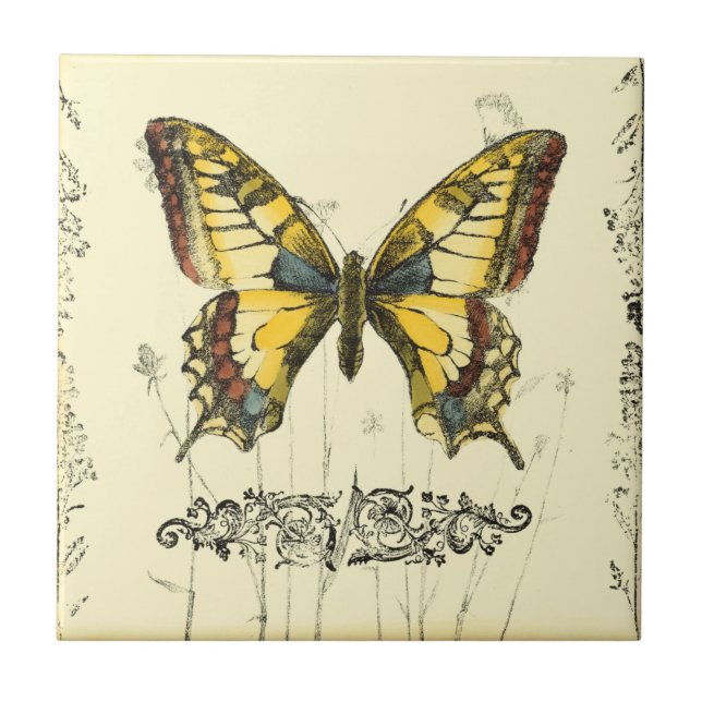 Decorative Butterfly with Wildflowers Ceramic Tile (Front)