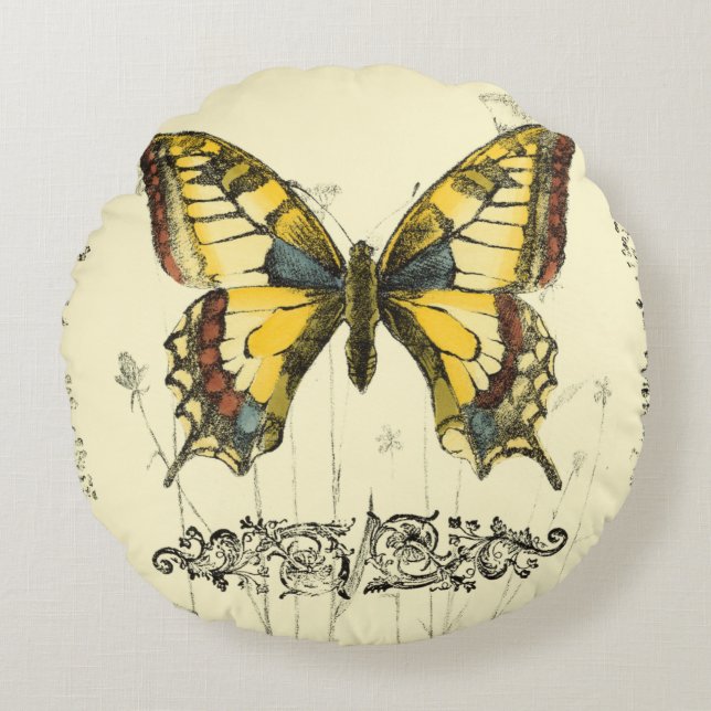 Decorative Butterfly with Wildflowers Round Cushion (Front)