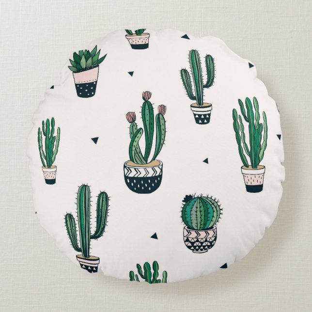 Decorative Cacti Succulents Seamless Pattern Round Cushion (Front)