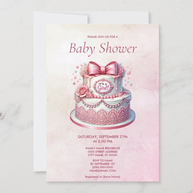 Decorative Cake Pink Bow Baby Shower Invitation (Front)