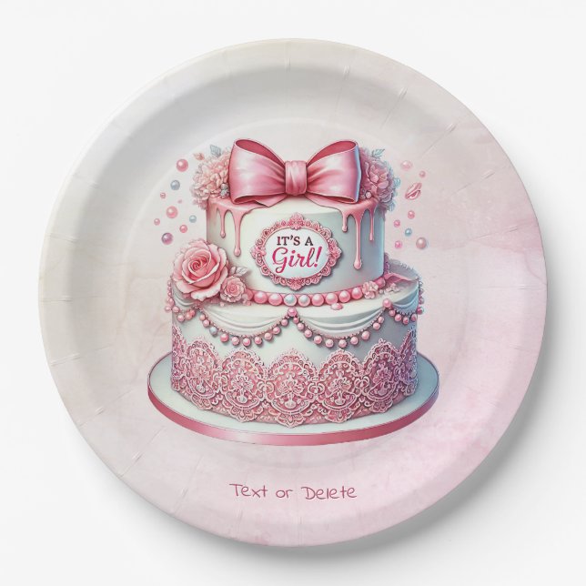 Decorative Cake Pink Bow Paper Plate (Front)