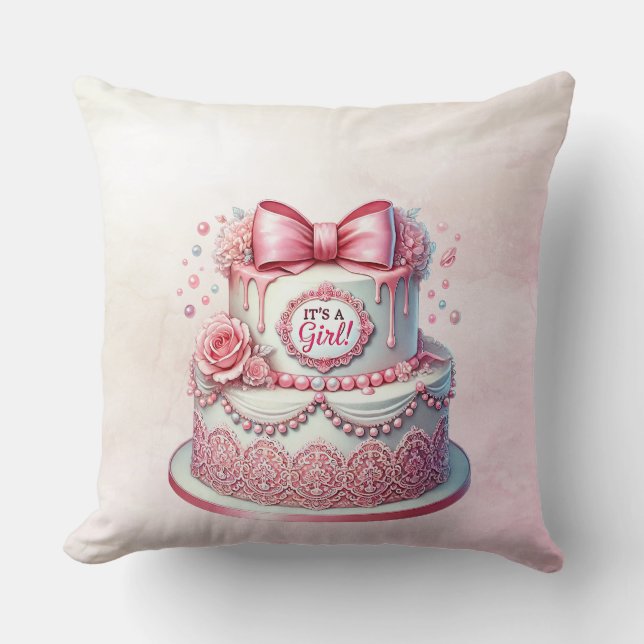 Decorative Cake Pink Bow Throw Pillow (Front)