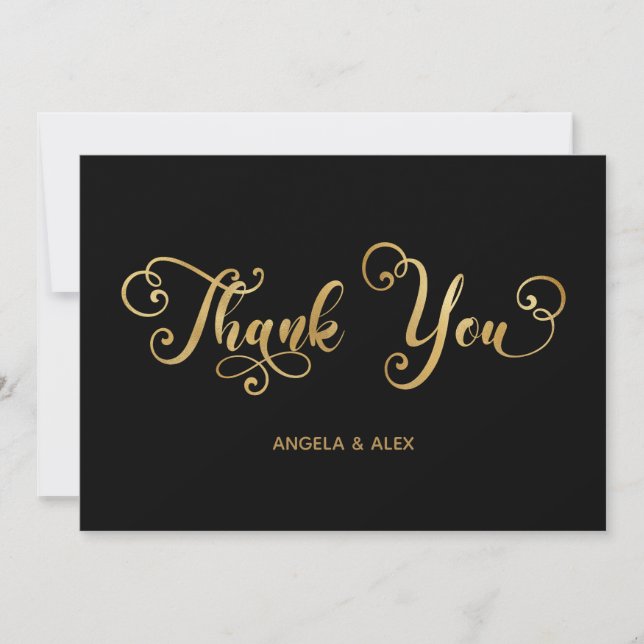Decorative Calligraphy Faux Gold Foil Black Thank You Card (Front)